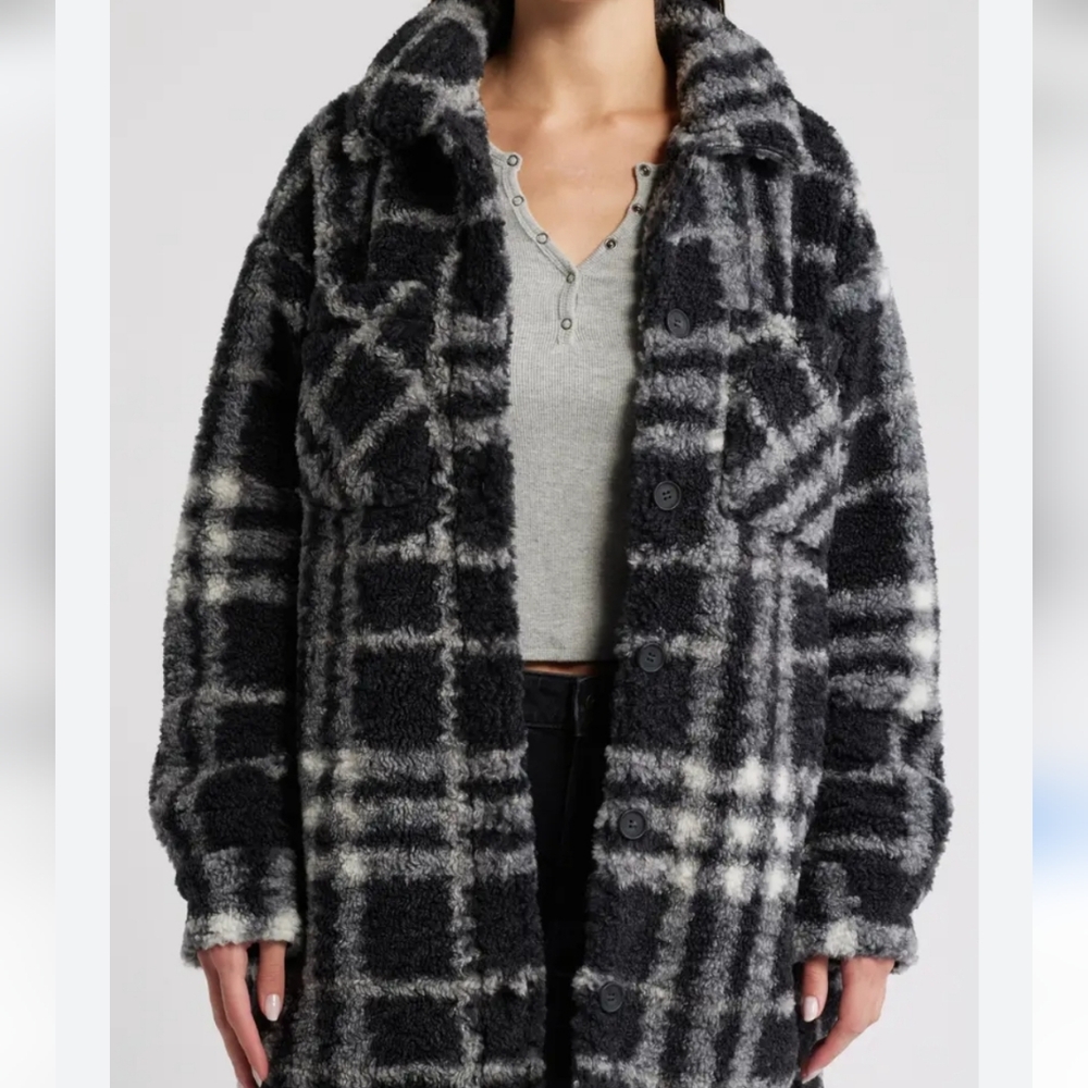 Thread & Supply Black and Gray Plaid Teddy Jacket